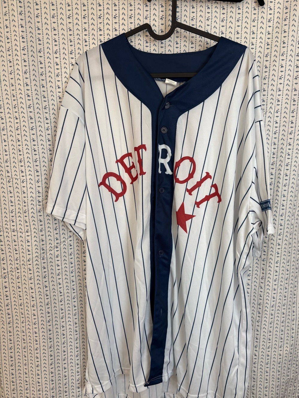 Detroit Pinstripe Baseball Jersey - Navy & White with Red Accent